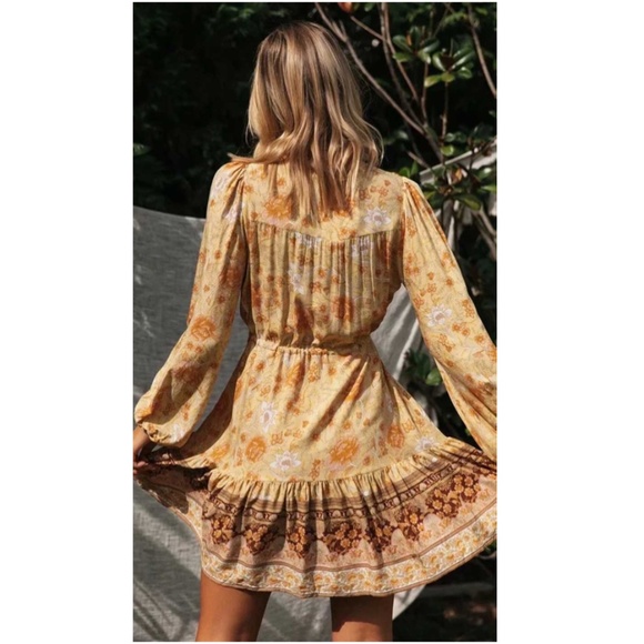 Boho Gypsy Floral print Tassel Dress Yellow Vneck - Picture 3 of 6